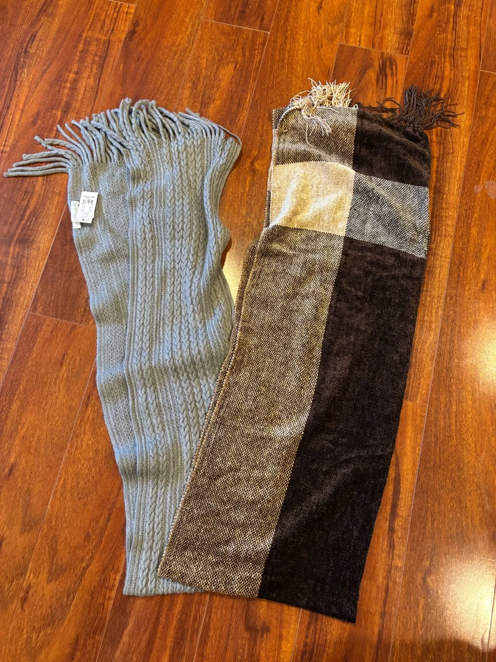 New York & Company Light Gray Cable Knit Scarf and Brown Plaid Wrap Set